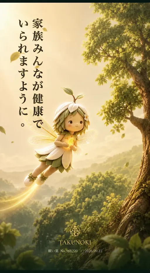 「家族みんなが健康でいられますように。」という願いと、森を舞う TAKUNOKI の妖精。